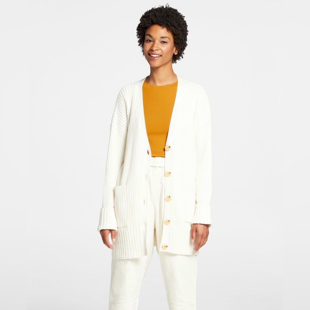 CALIA Cream Chunky Knit Ribbed Oversized Long Cardigan Grandpa Cozy Classic Soft